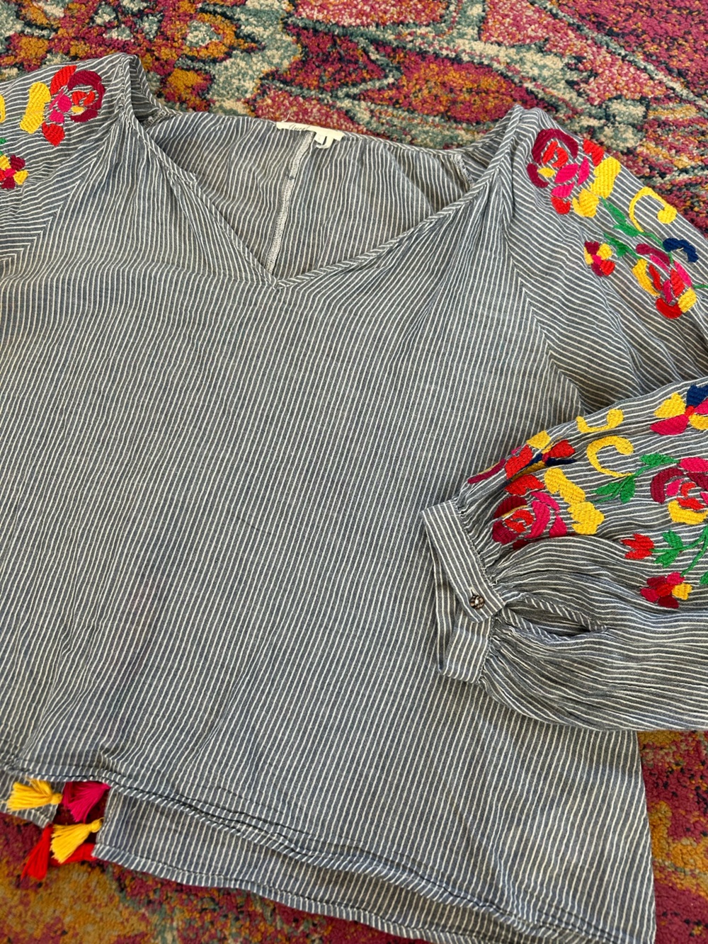 Anthropologie Floreat | Womens Blue/White Striped VNeck Embroidered Sleeve Top L - Picture 8 of 16